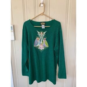 Bob Mackie Wearable Art Green Metallic Christmas Angel Sweater Womens Large L
